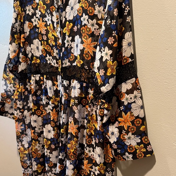 Sandro Paris Reyes Floral Button-Front Sheer Smock Dress in Black & Mustard - Picture 8 of 16